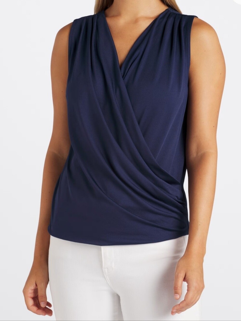 Sleeveless Twist-Front V-Neck Blouse in Deep Blue